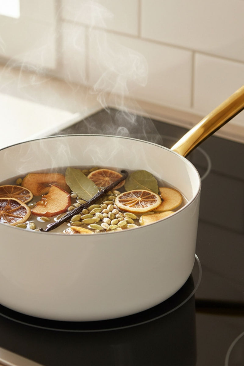 White pot with spices and citrus on a stove, steam rising