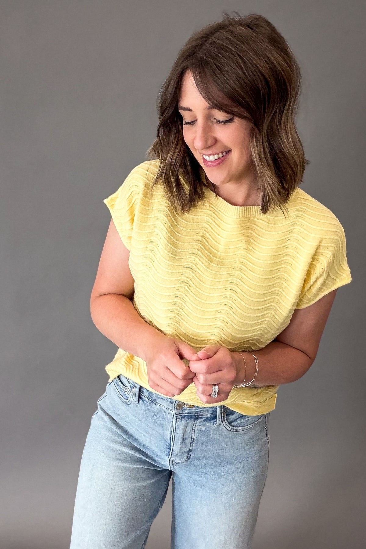 Yellow Scalloped Textured Short Sleeve