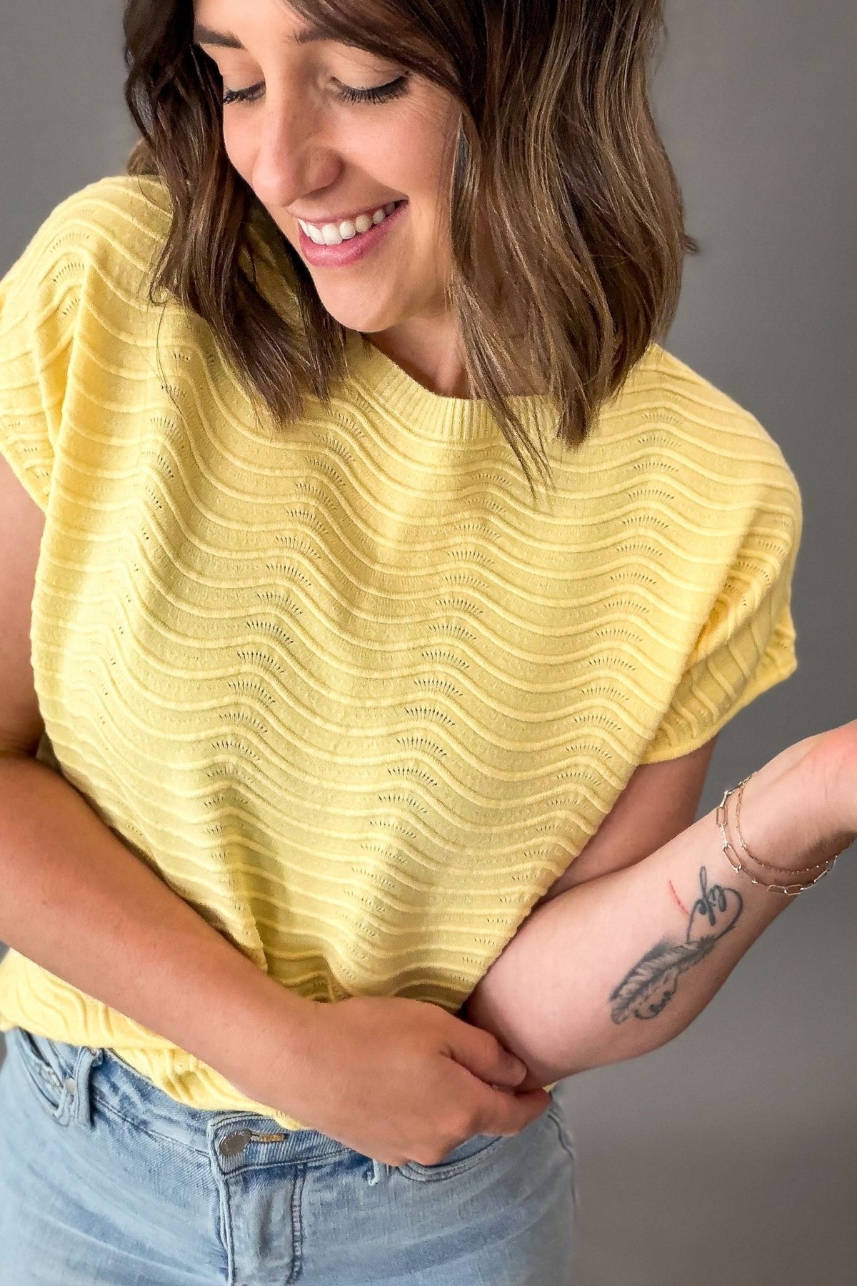 Yellow Scalloped Textured Short Sleeve