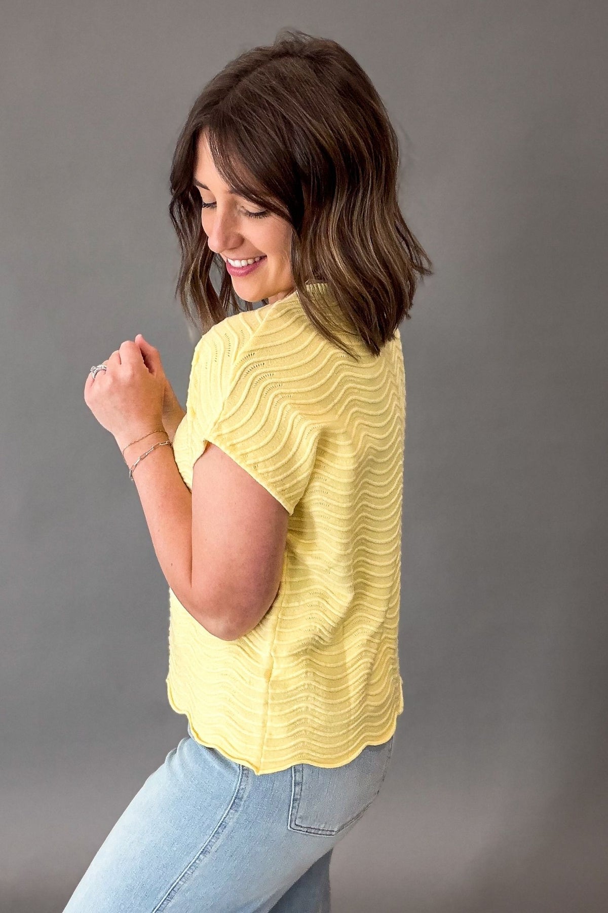 Yellow Scalloped Textured Short Sleeve