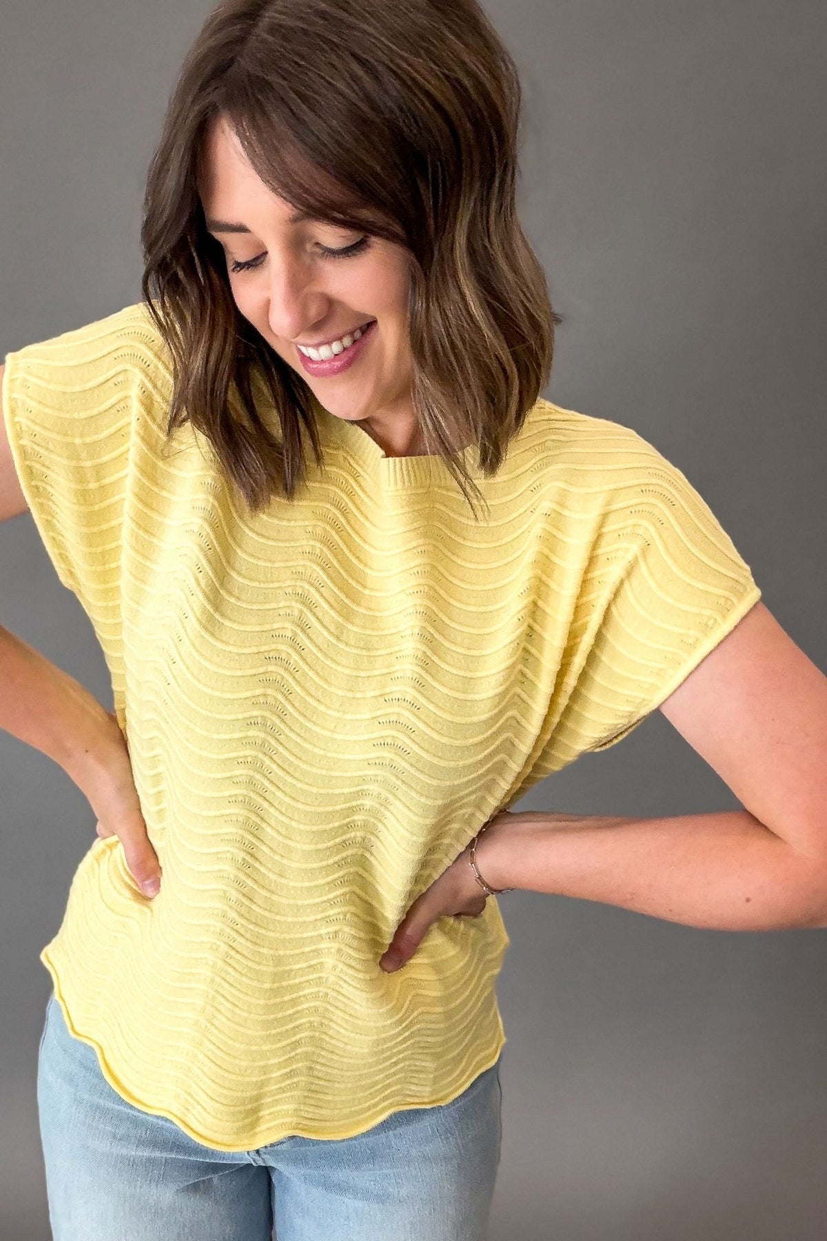 Yellow Scalloped Textured Short Sleeve