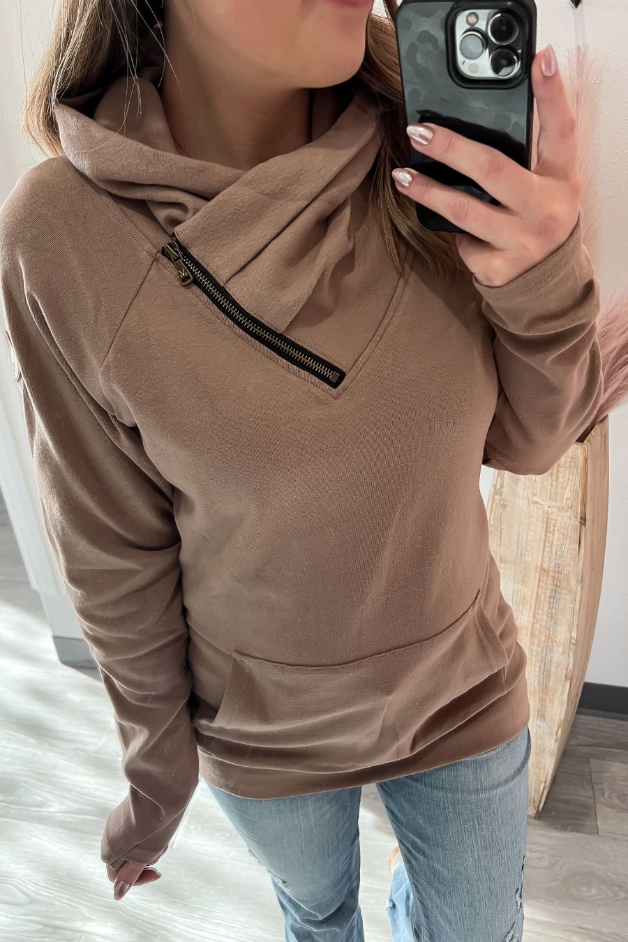 Zoey Zip Cowl Sweatshirt- Mocha