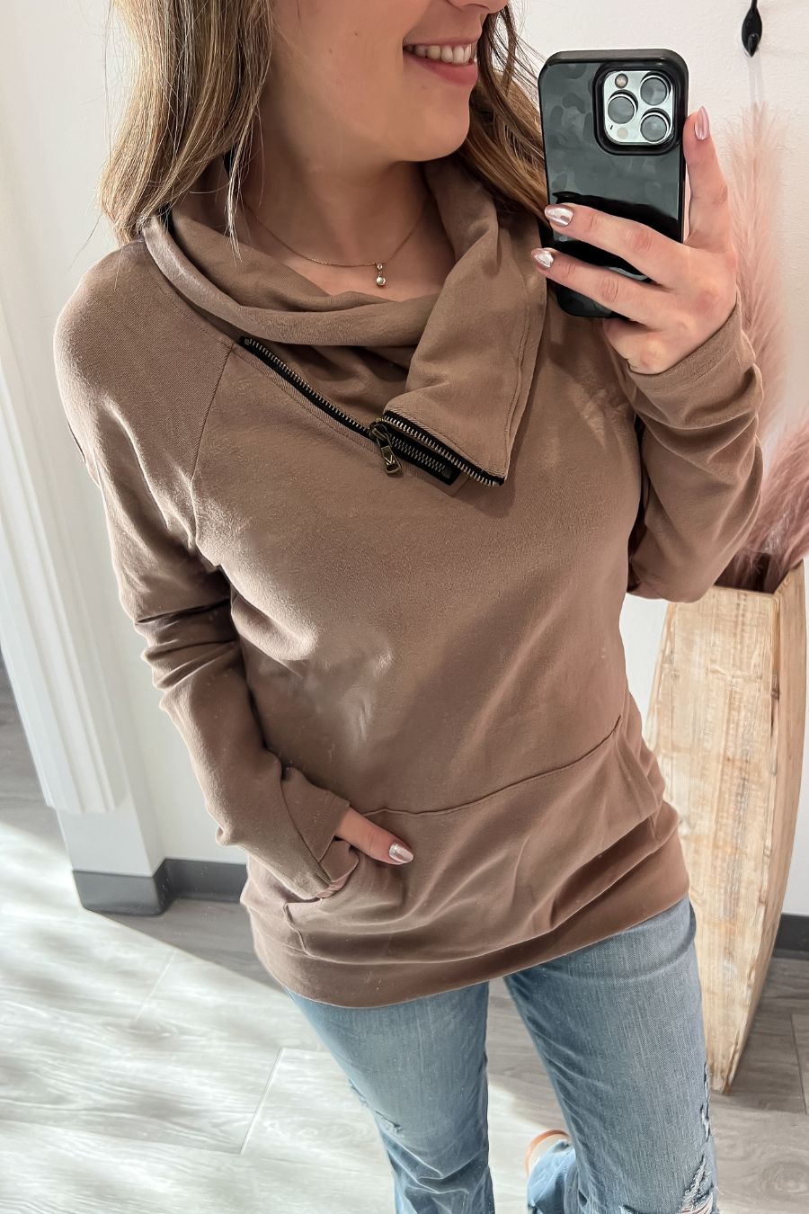 Zoey Zip Cowl Sweatshirt- Mocha