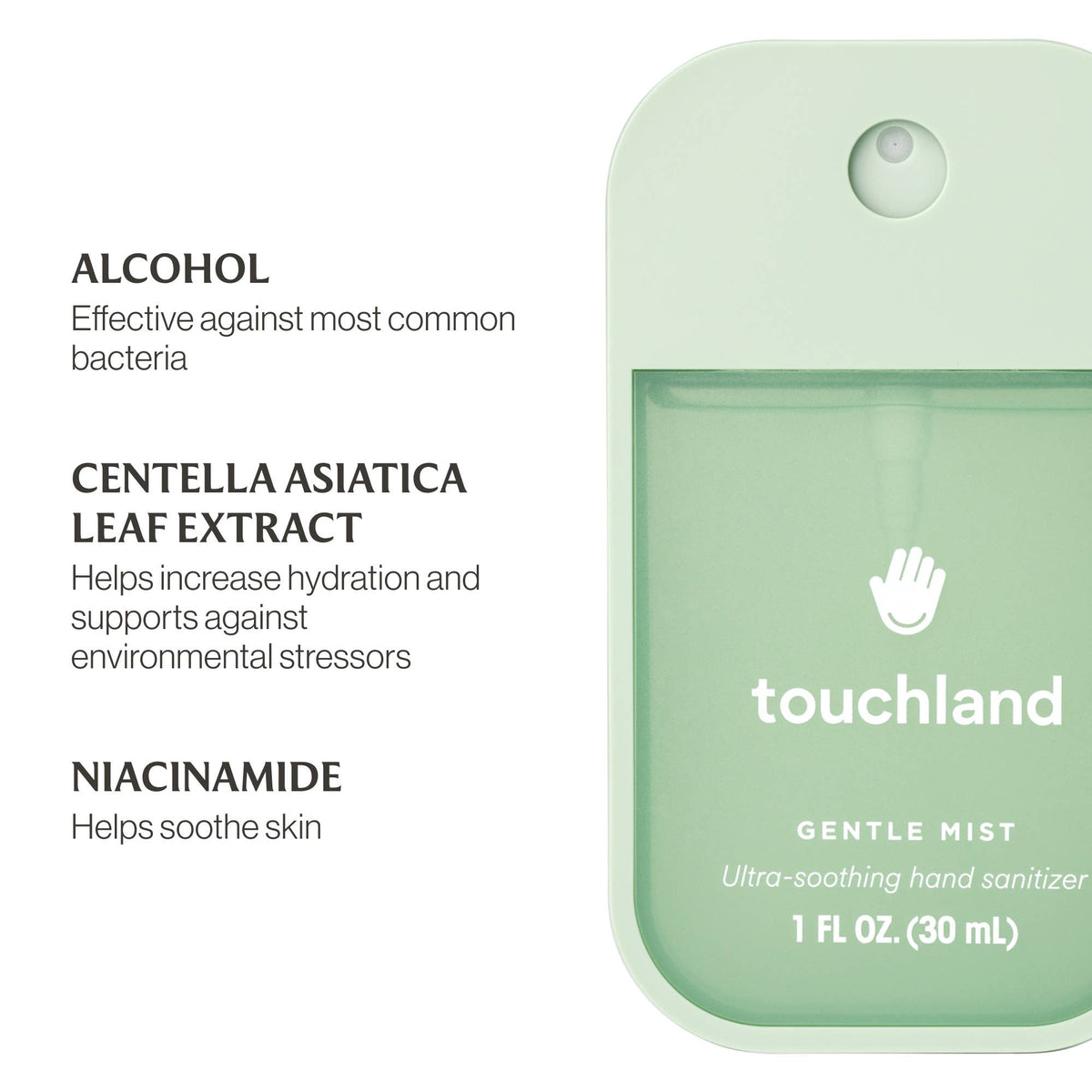 Touchland gentle mist hand sanitizer packaging with ingredients listed on a white background