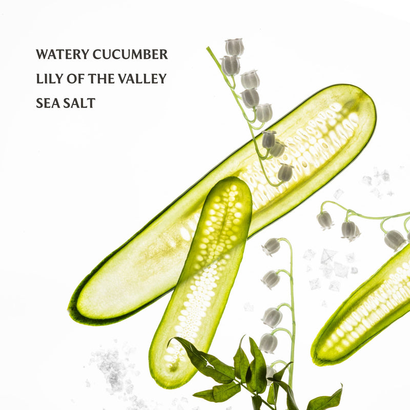 Cucumbers, lily of the valley, and sea salt on a white background with text.