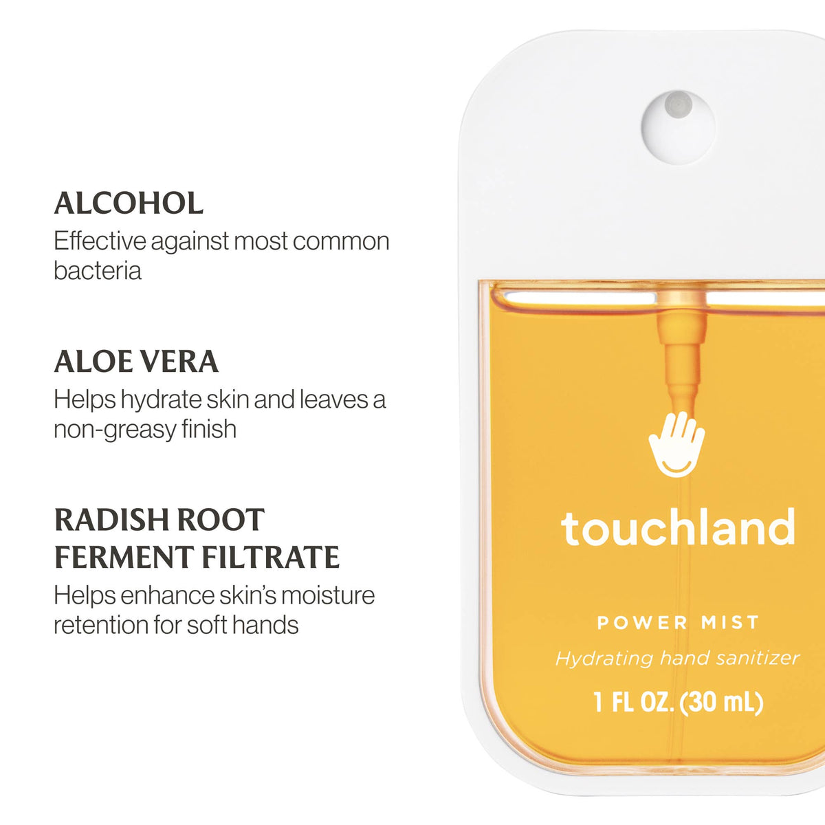 Touchland power mist hand sanitizer with ingredients listed on a white background