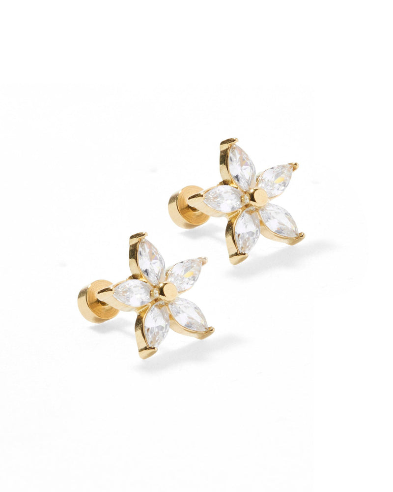 Gold and clear crystal flower-shaped earrings on a white background
