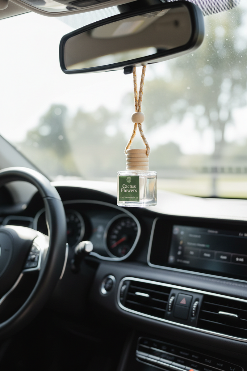 Car air freshener hanging from the rearview mirror with a blurred outdoor background