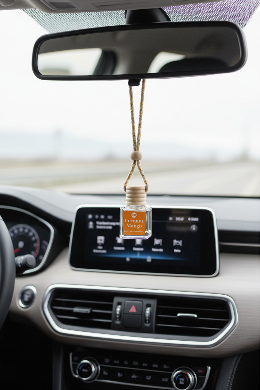 Car air freshener hanging from the rearview mirror with a smartphone displaying a music app.