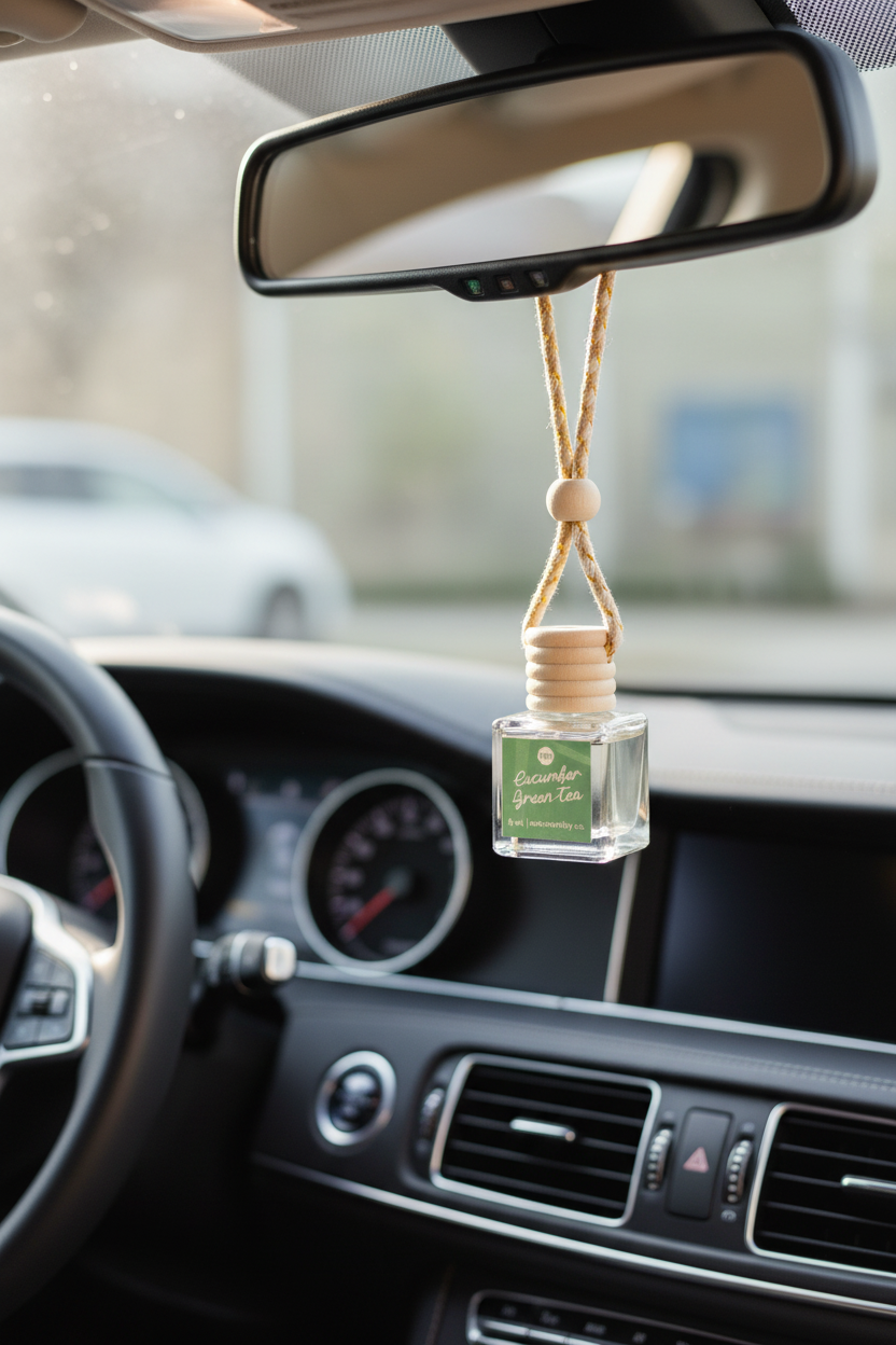 Car air freshener hanging from a car's rearview mirror with a blurred interior background