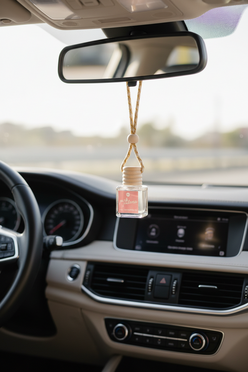Car interior with a hanging air freshener from the rearview mirror.