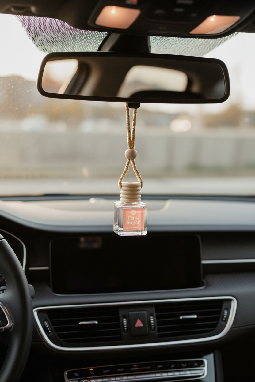 Car air freshener hanging from the rearview mirror inside a vehicle.