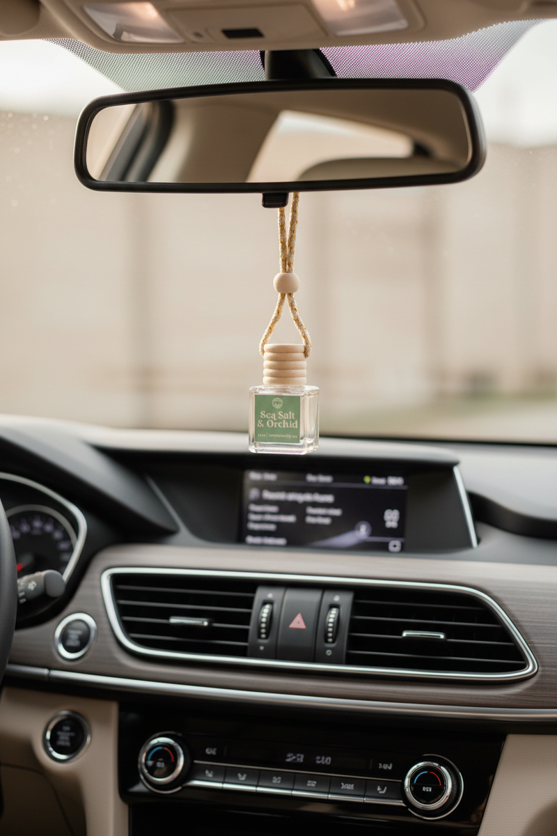Car air freshener hanging from the rearview mirror inside a vehicle.