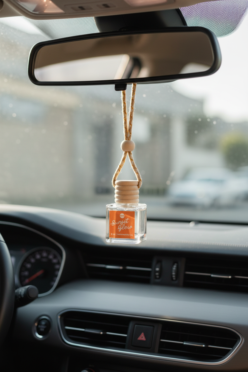 Car air freshener hanging from the rearview mirror with a blurred background