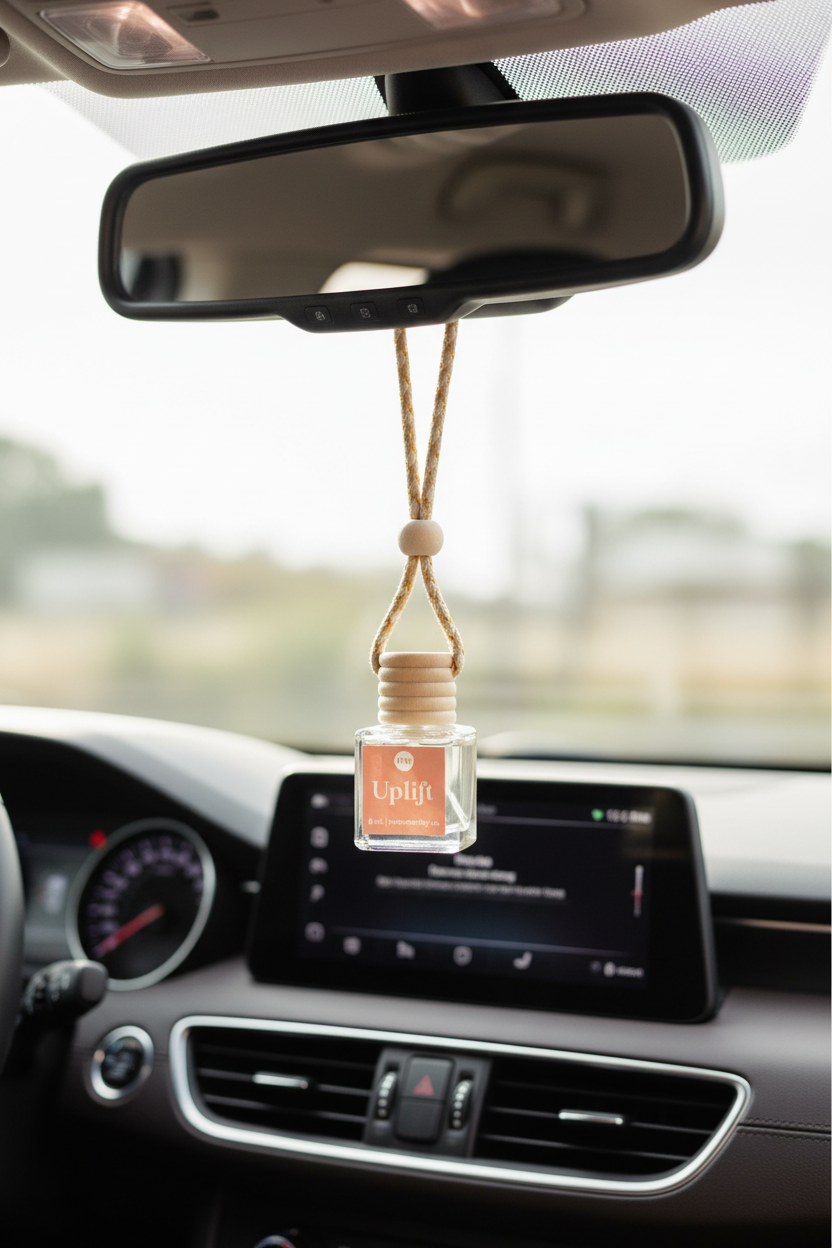 Car air freshener hanging from the rearview mirror inside a vehicle.