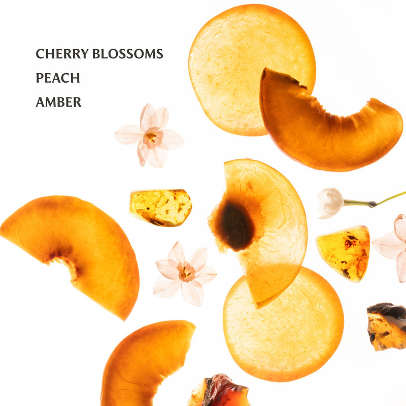Peach slices and cherry blossoms with 'Cherry Blossoms Peach Amber' text on a white background