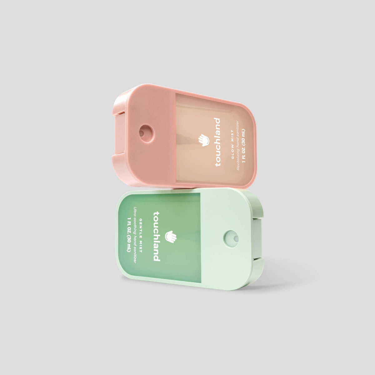 Two small rectangular devices, one pink and one green, stacked on a light gray background with 'touchland' branding.
