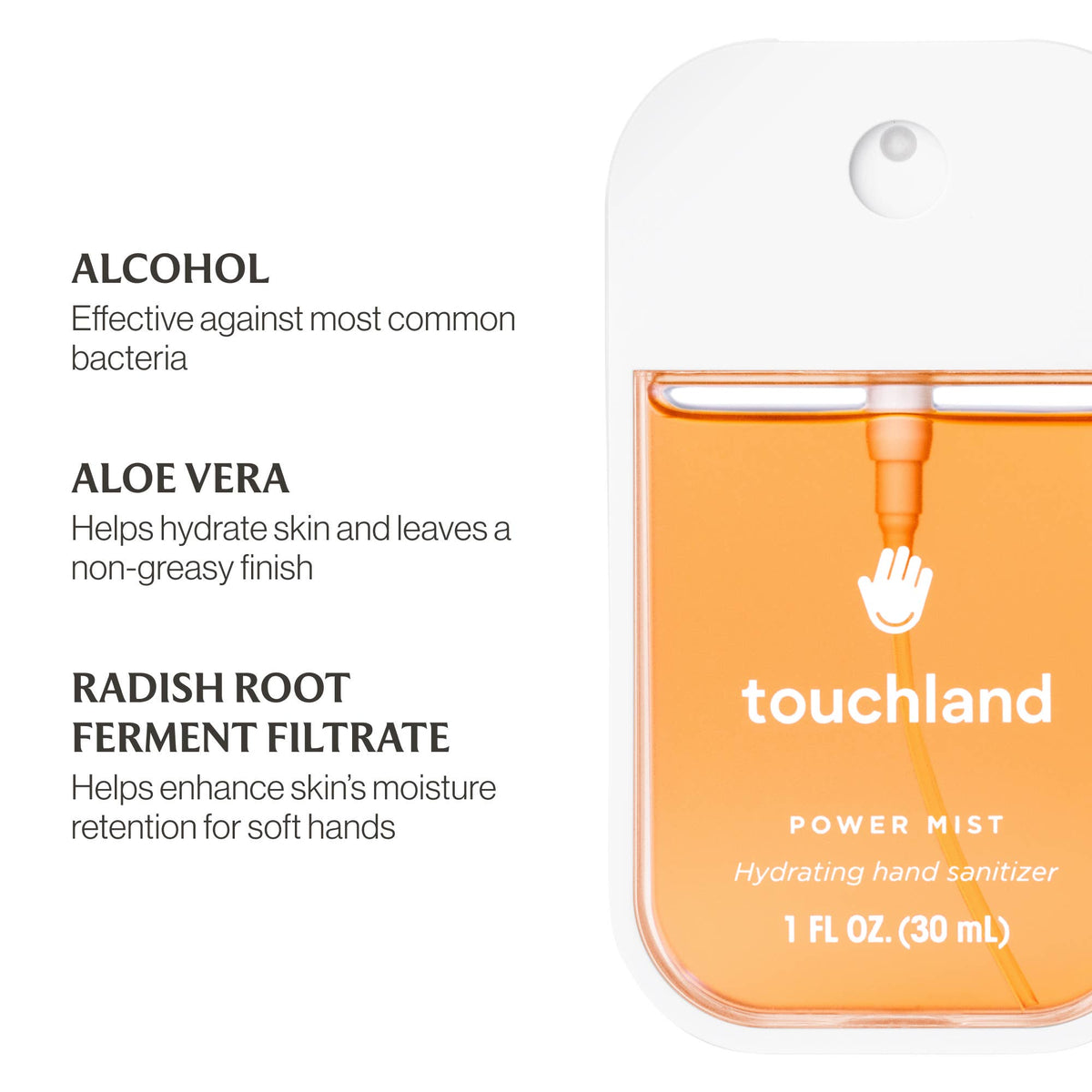 Touchland power mist hand sanitizer with ingredients listed on a white background