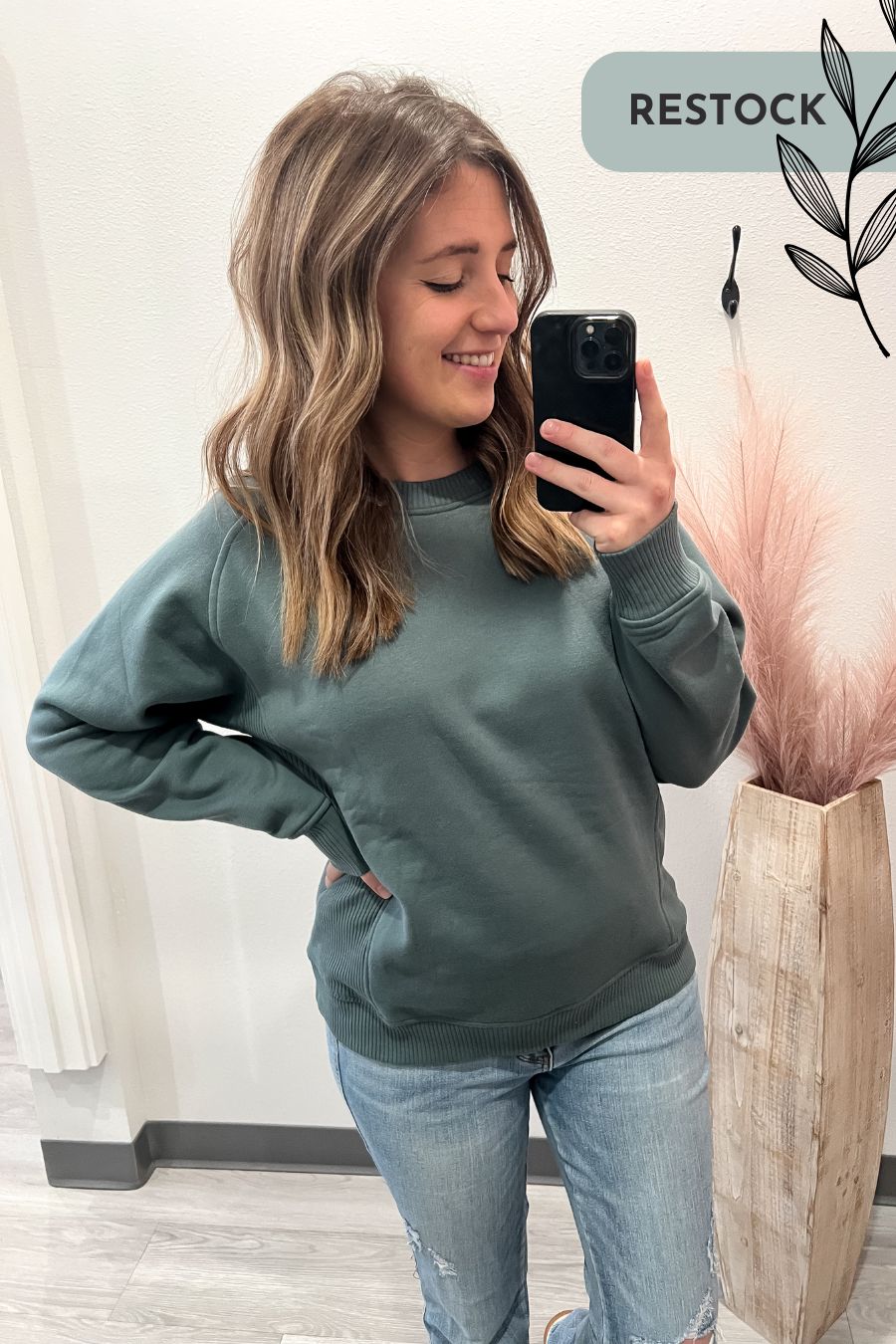 Fleece Round Neck Ribbed Side Sweater- Jade