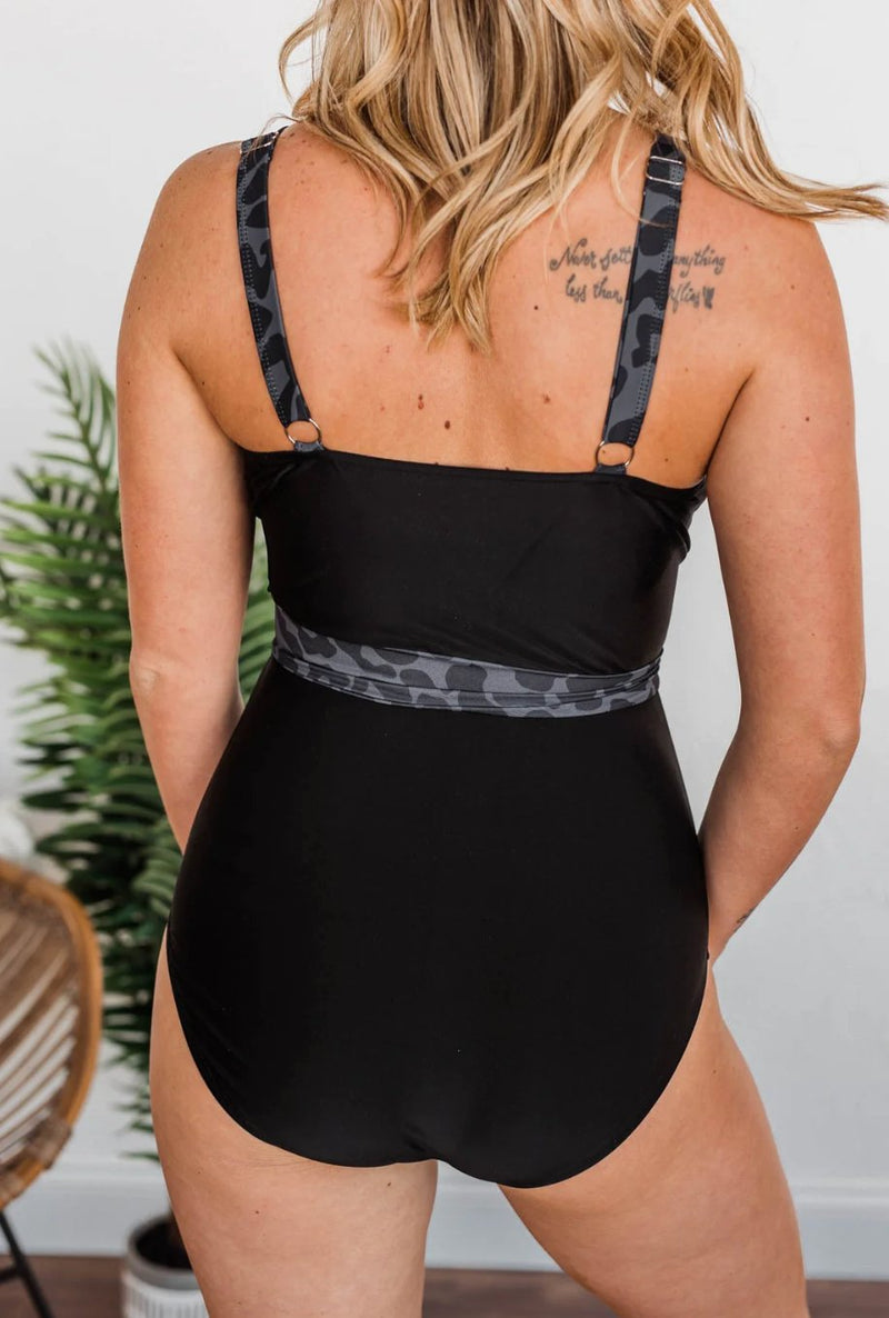 Beach Party One-Piece Swimsuit- Charcoal Leopard Print - Lot21 Boutique