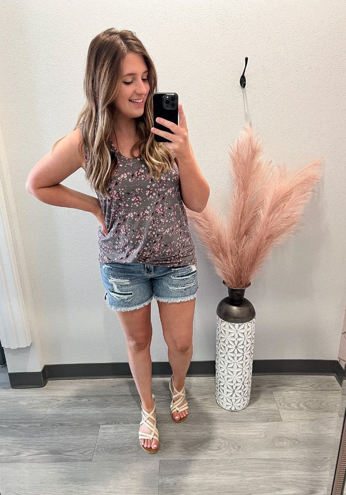 Charcoal And Pink Floral Tank - Lot21 Boutique