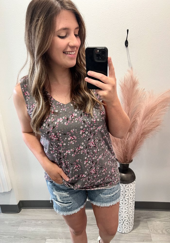Charcoal And Pink Floral Tank - Lot21 Boutique