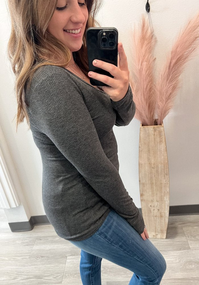 Charcoal Long Sleeve Henley - Lot21 Boutique
