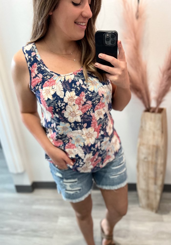 Denim and Pink Floral Tank - Lot21 Boutique