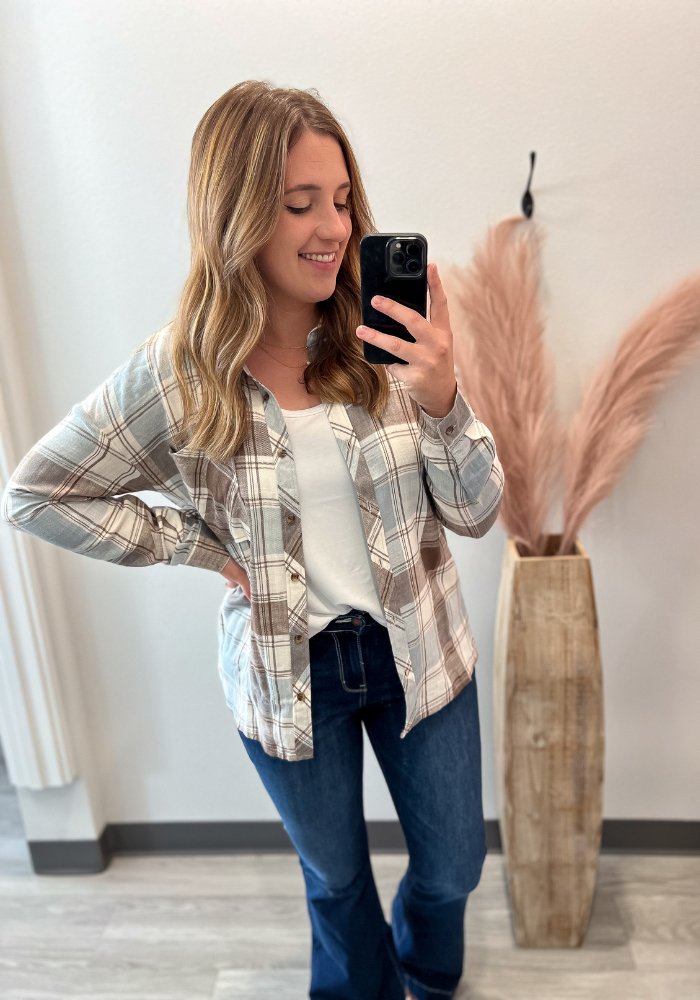 Over-sized Boyfriend Plaid Button Up- Slate - Lot21 Boutique