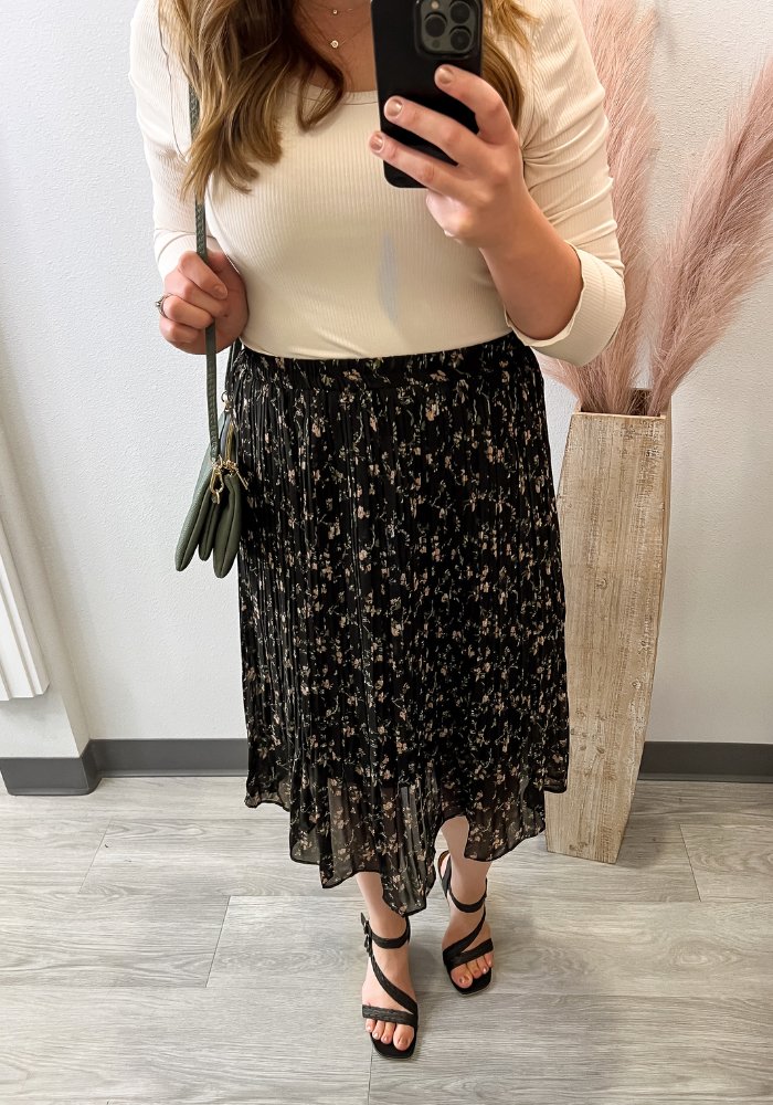 Pleated Black Floral Midi Skirt - Lot21 Boutique