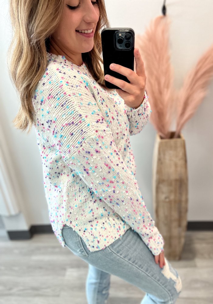 Pom Ivory and Lavender Knit Sweater - Lot21 Boutique