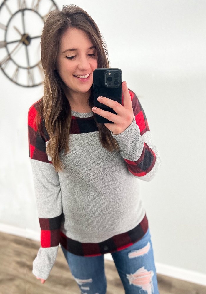 Red Plaid Color Block Long Sleeve - Lot21 Boutique