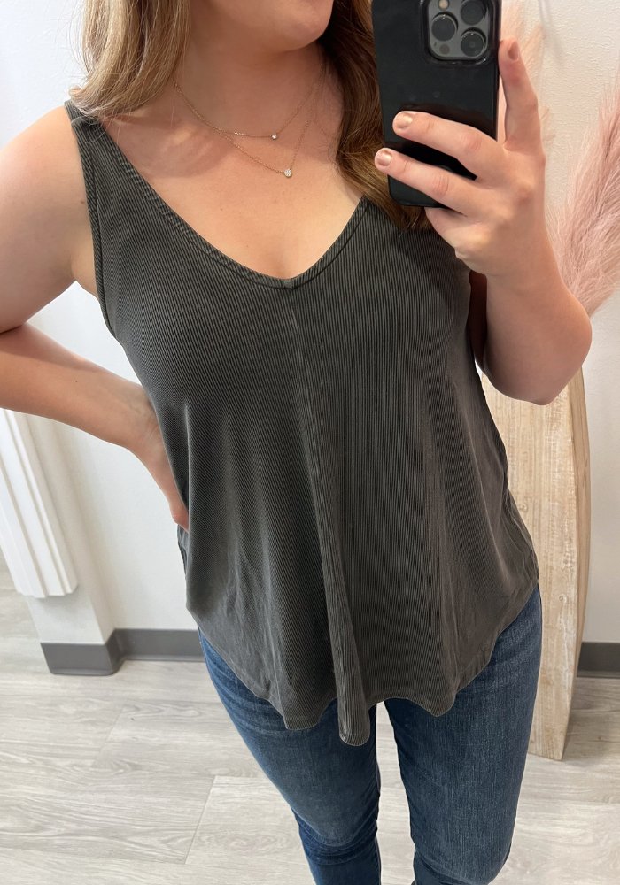 Ribbed V-Neck Charcoal Tank - Lot21 Boutique