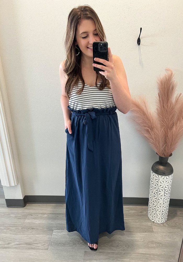 Ruffle Waist Maxi Dress- Navy - Lot21 Boutique