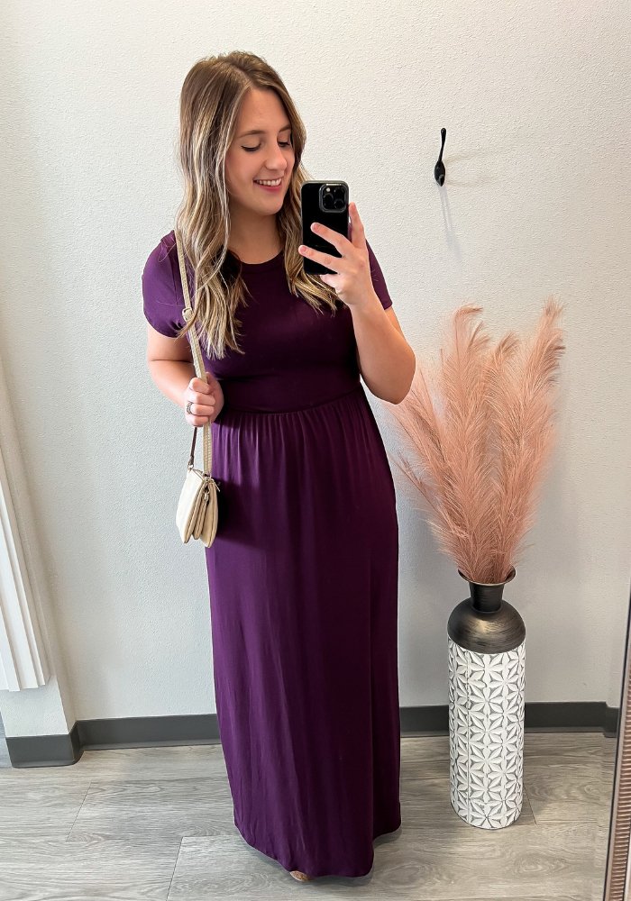 Short Sleeve Maxi Dress With Pockets- Plum - Lot21 Boutique