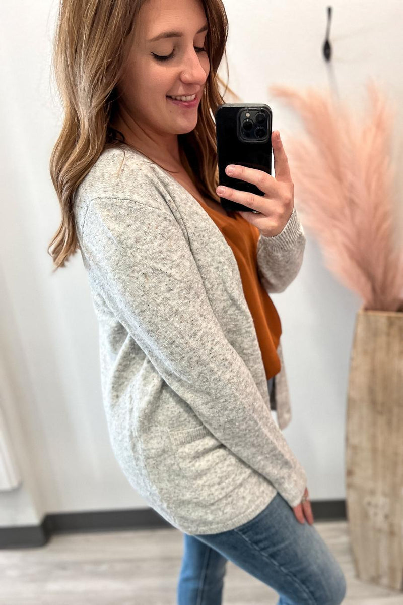 Speckled Open Front Cardigan- Heather Grey - Lot21 Boutique